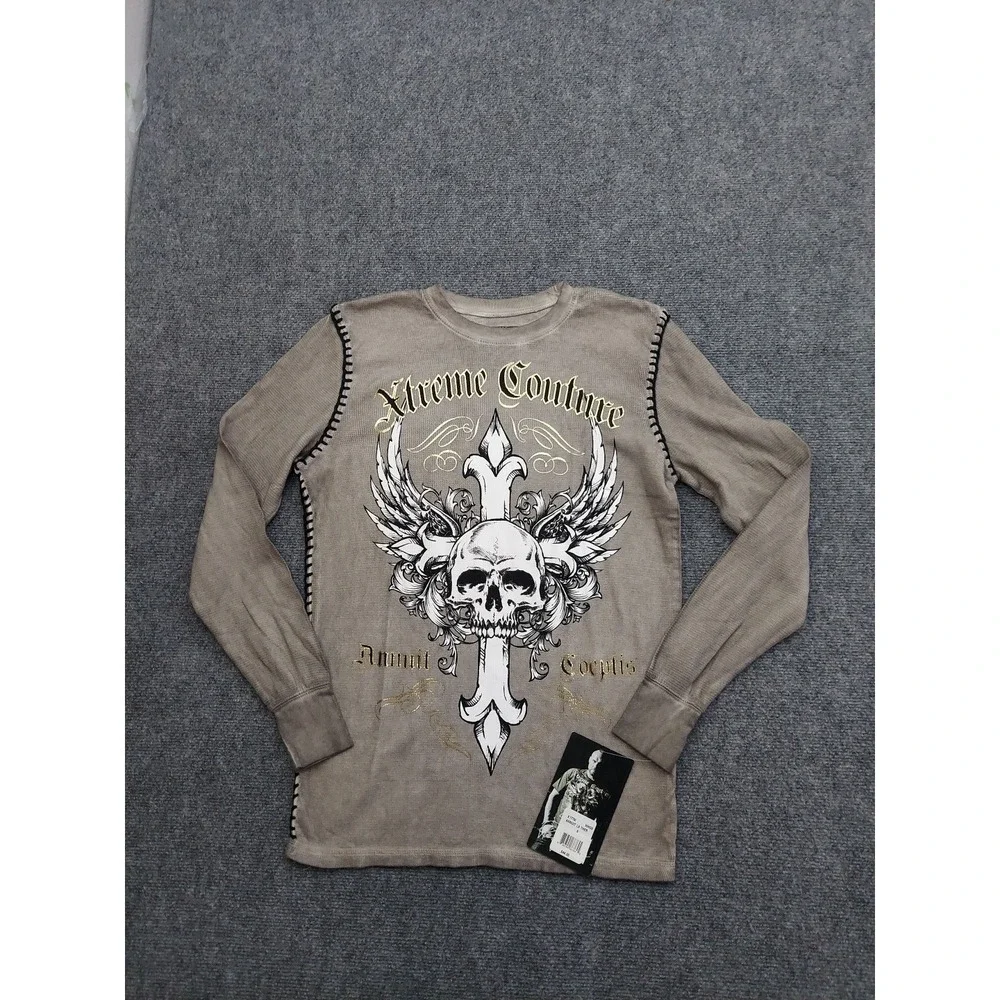 Affliction Xtreme Couture Shirt Men Small‎ Brown Thermal Long Sleeve Skull Cross